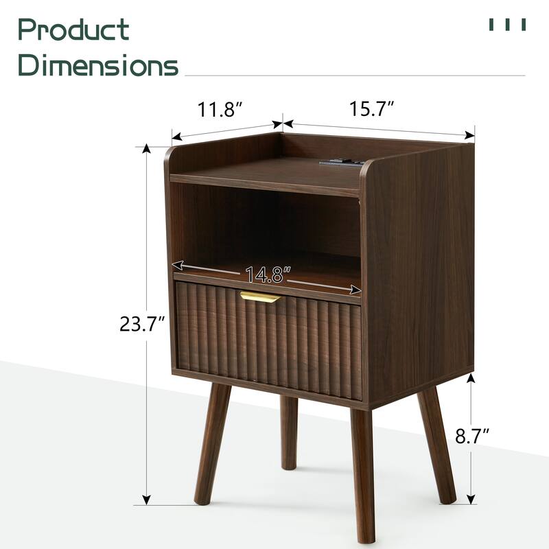 EROMMY Modern Nightstand with Charging Station Fluted Bedside Table USB Ports Storage Drawer