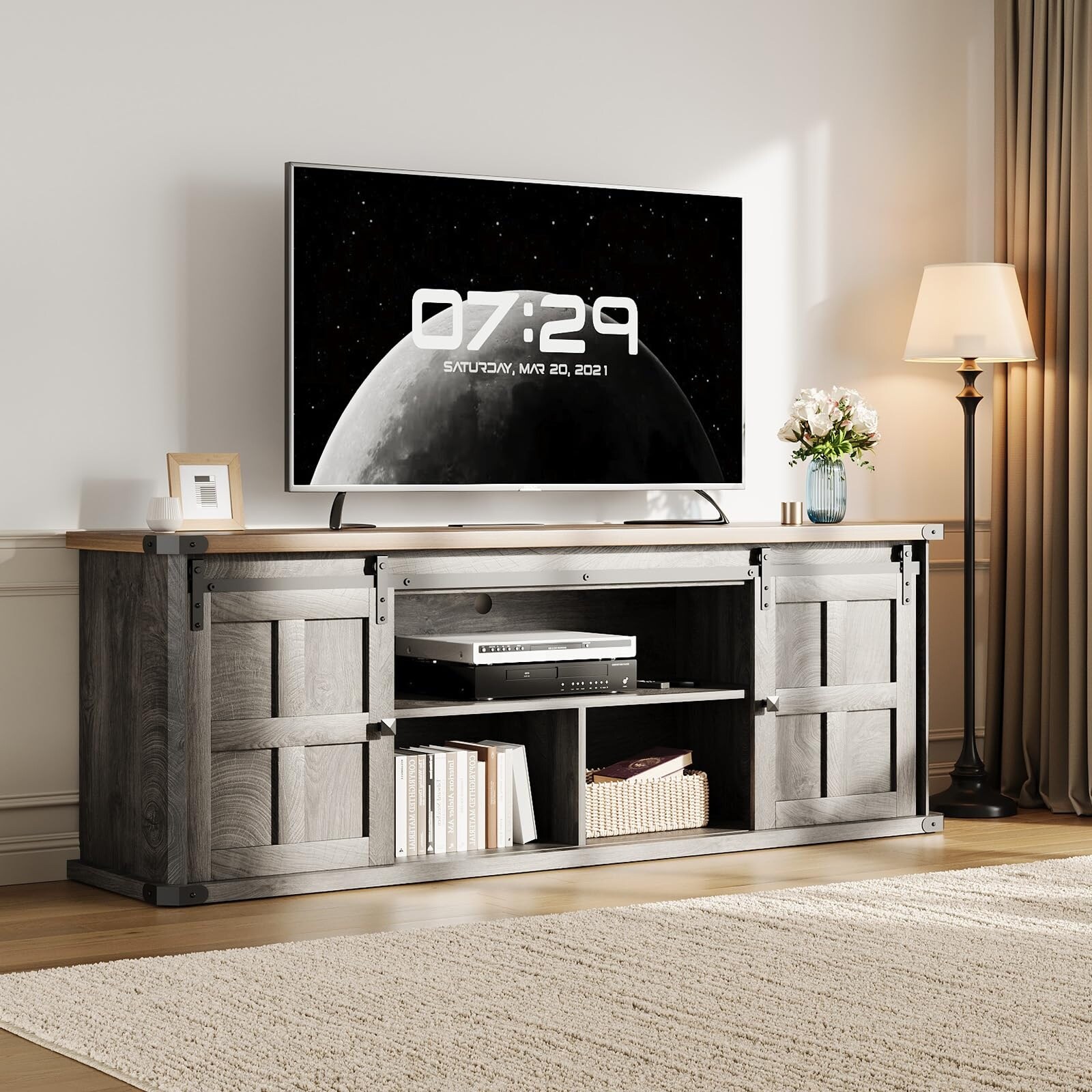 70" Farmhouse TV Stand for TVs up to 80", Entertainment Center with Sliding Barn Doors, Shelves & Power Outlets