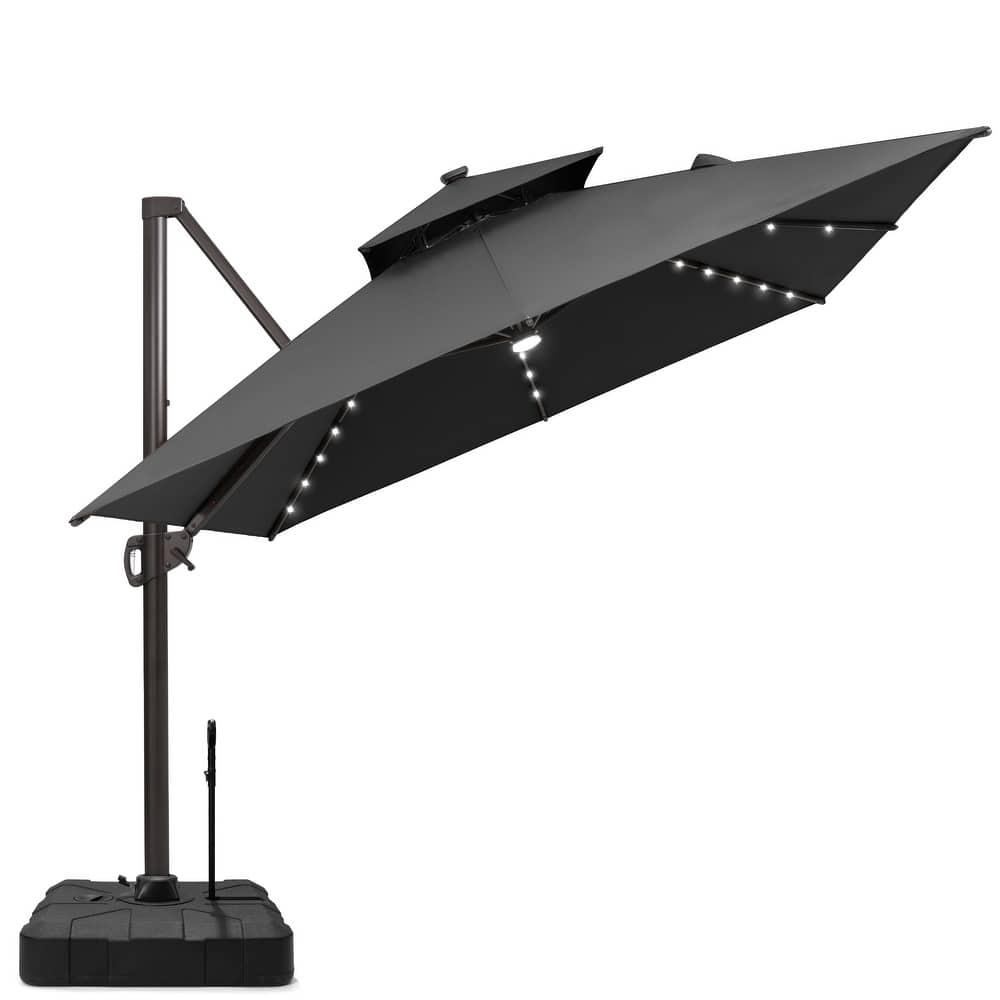 VredHom 9x11 FT Daul Top Aluminum Outdoor Patio Cantilever Umbrella Solar LED Lighted with Rod Base