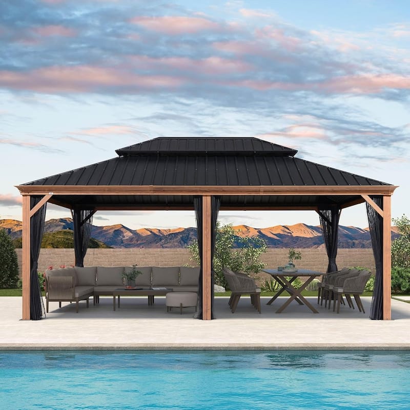 PURPLE LEAF Hardtop Gazebo Galvanized Steel Roof Gazebo Pergola w Wooden Coated Alumninum Frame and Mosquito Net