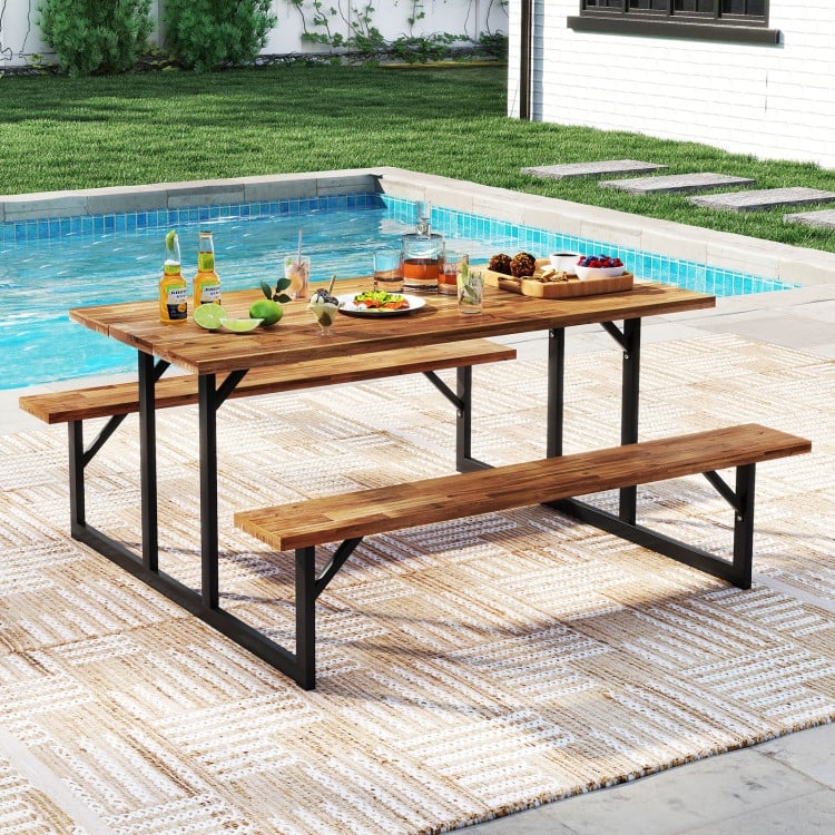 Brown and Black Acacia Wood Picnic Table 6 Person and Bench Set with Metal Frame - 63" x 61.5" x 29"