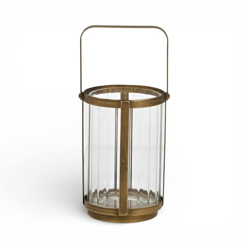 Vortial Fluted Glass Candle Lantern with Gold Metal Frame