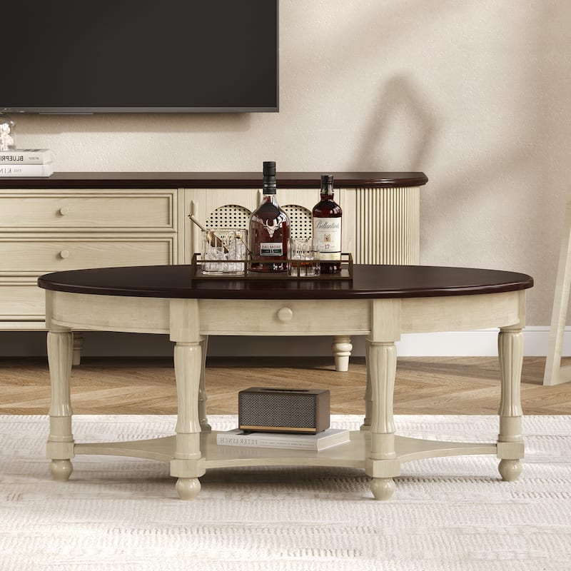 French Country Style Coffee Table Vintage Oval Coffee Table with Drawers and Storage Shelves, for Living Room