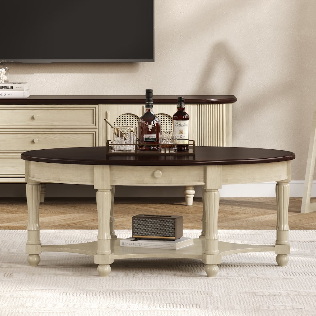 Vintage Oval Coffee Table with Drawer and Storage Shelf, Antique Cocktail Table in 45", French Country Accent Table