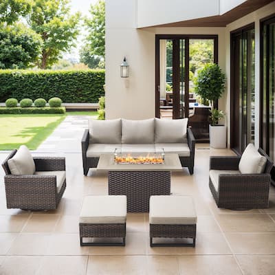 Patio Sofa 2 Swivel Chairs Ottomans and Fire Table Brown-Beige - Brown