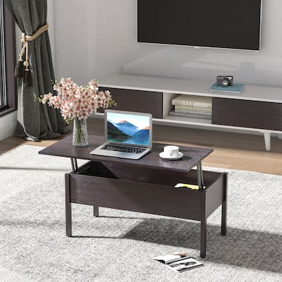 HOMCOM 39" Modern Lift Top Coffee Table Desk With Hidden Storage Compartment for Living Room, Coffee Brown Woodgrain
