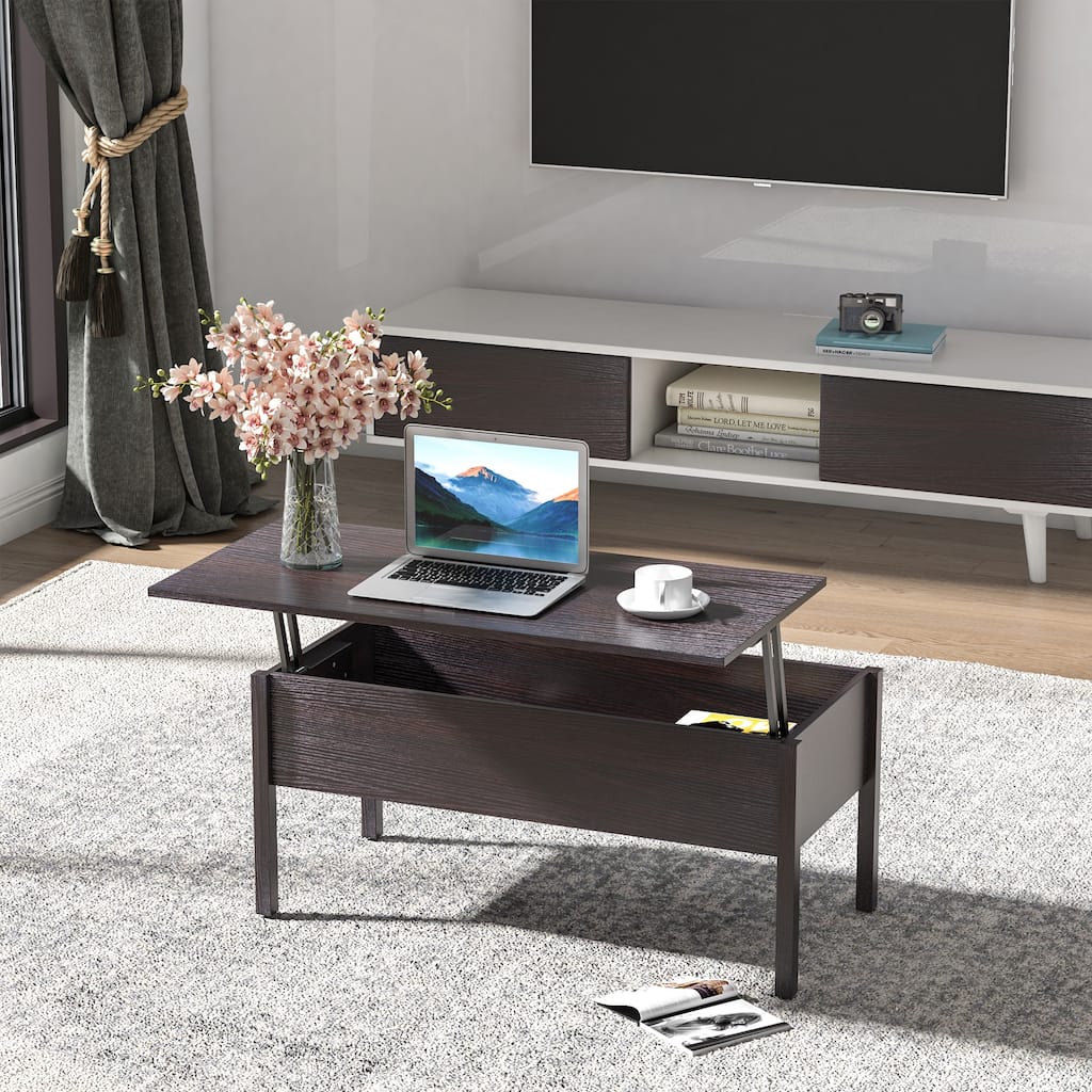 HOMCOM 39" Modern Lift Top Coffee Table Desk With Hidden Storage Compartment for Living Room, Coffee Brown Woodgrain