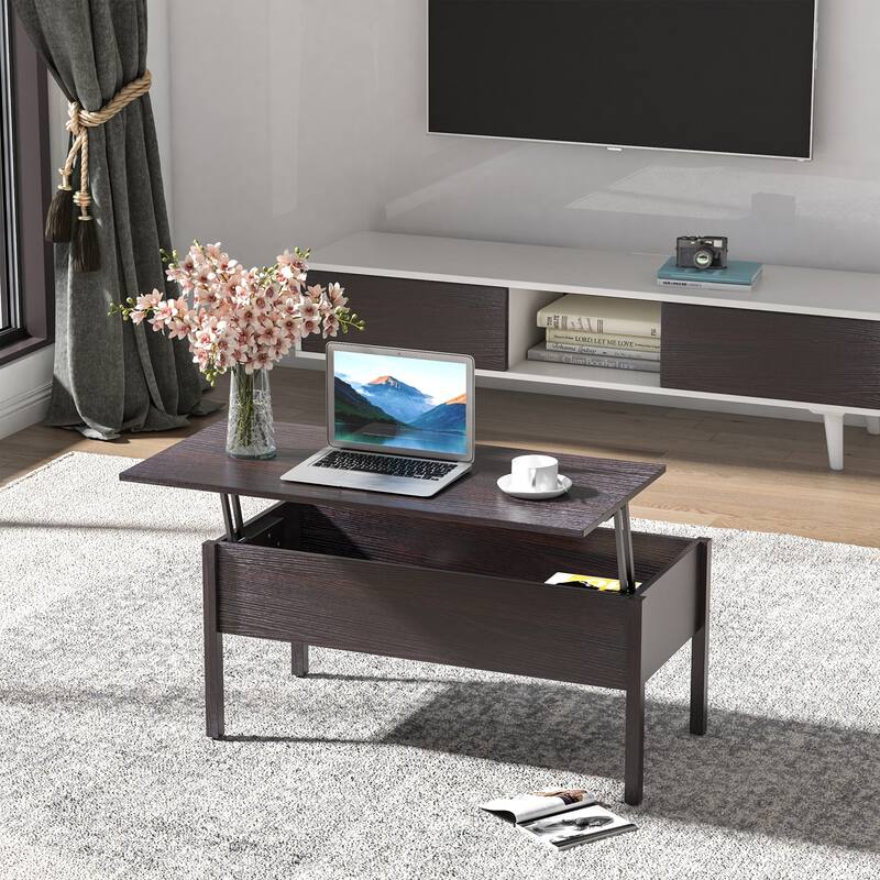 HOMCOM 39" Modern Lift Top Coffee Table Desk With Hidden Storage Compartment for Living Room, Coffee Brown Woodgrain - Brown - Wood