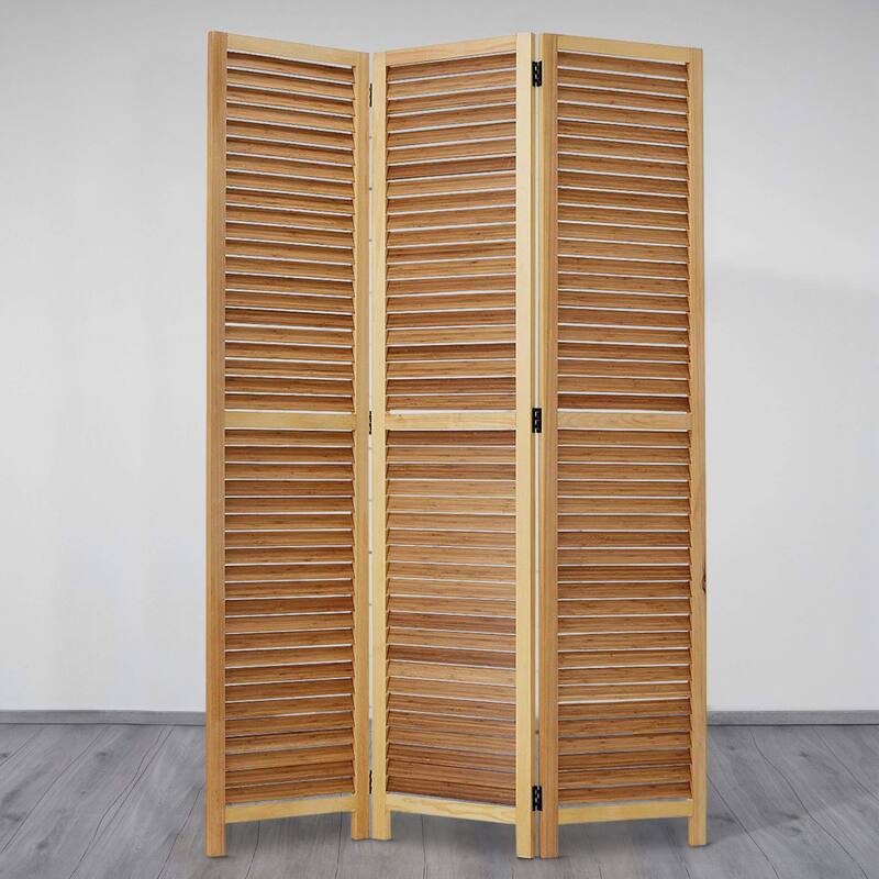 Wooden 3 Panel Shutter Screen with Bamboo Slats, Natural Brown