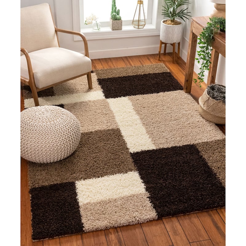 Well Woven Modern Brown Geometric Squares Area Rug - 5' x 7'2"