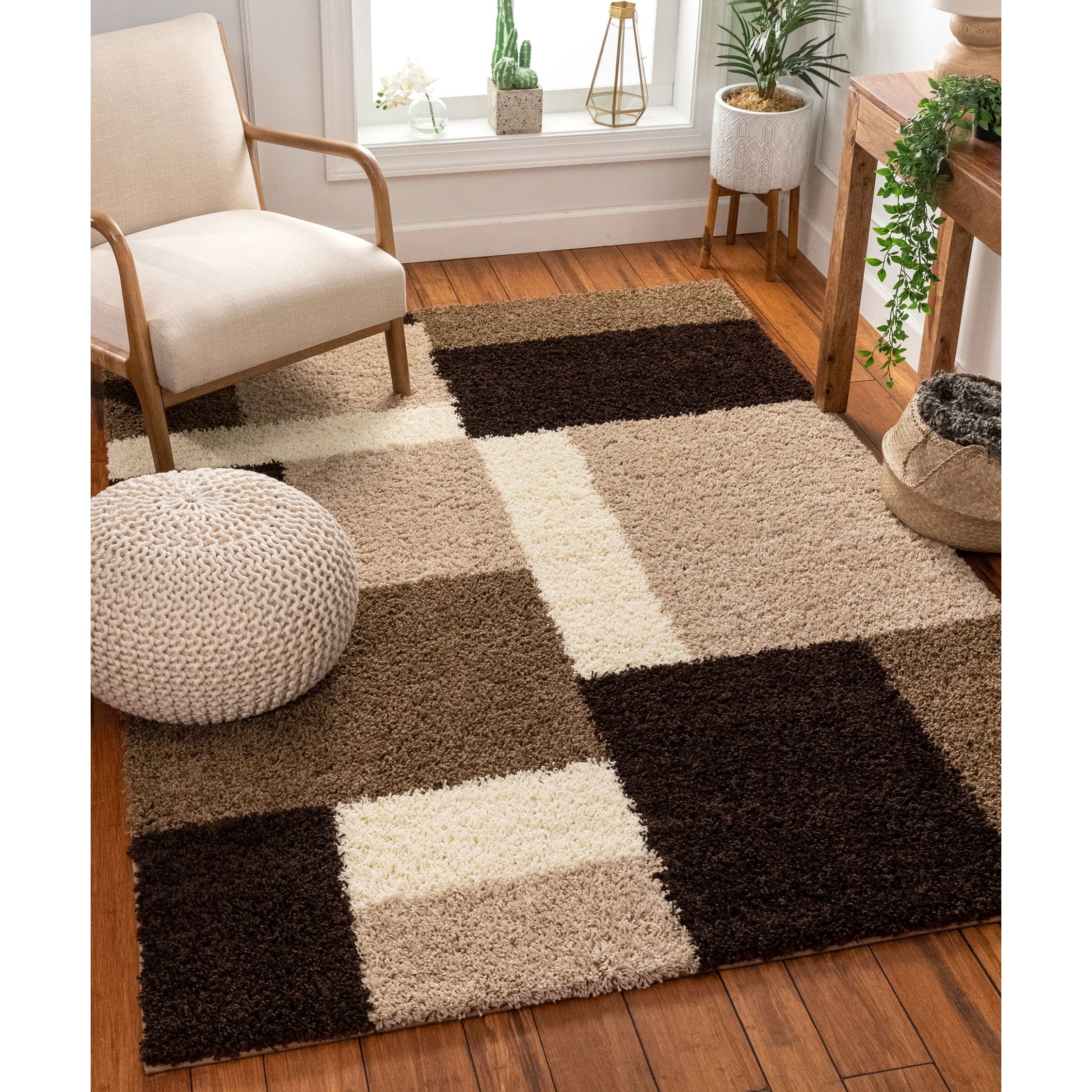 Well Woven Modern Brown Geometric Squares Area Rug - 5' x 7'2"