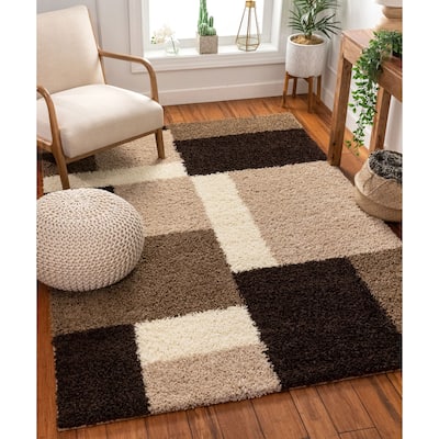 Well Woven Shag Plush Geometric Modern Contemporary Color Block Area Rug - 3'3 x 5'3