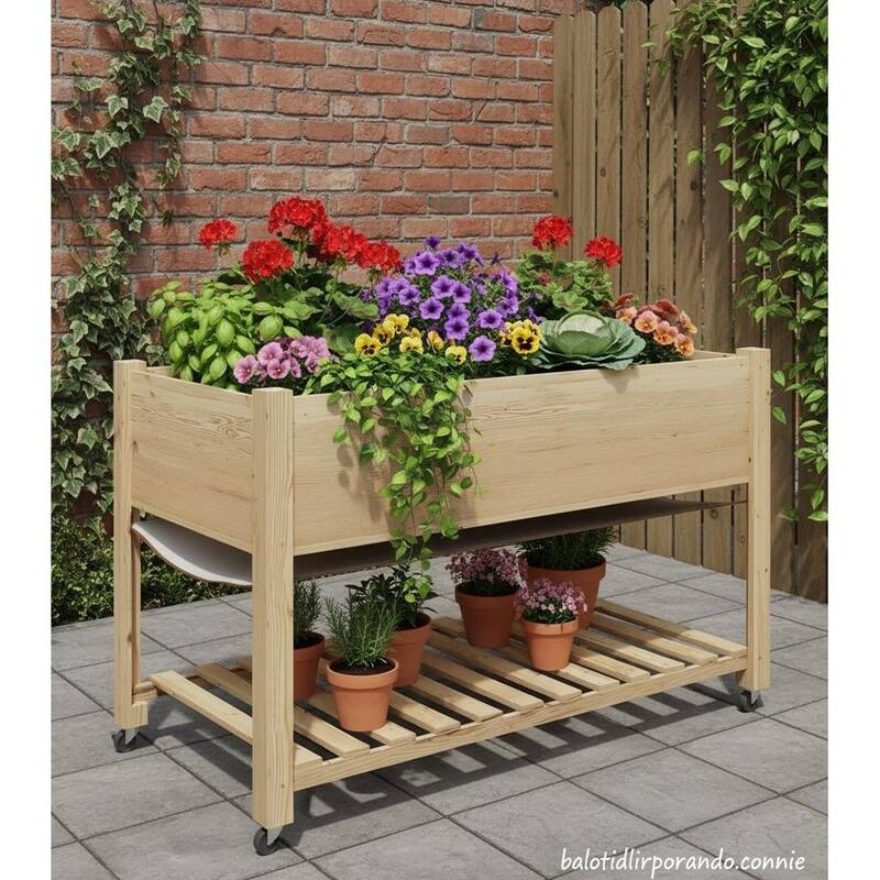 Raised Garden Bed, with Lockable Wheels and Storage Shelf - Natural Wood