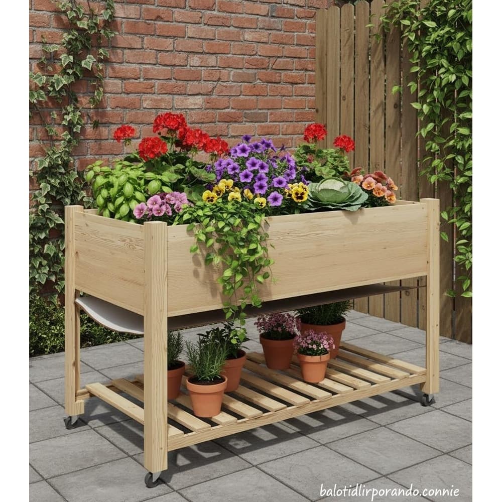 Raised Garden Bed, with Lockable Wheels and Storage Shelf
