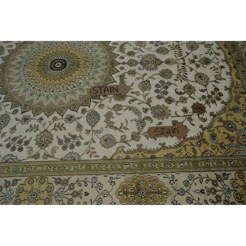 Hand Knotted Oriental Silk Carpet Traditional Floral Beige & Ivories Kashmir Area Rug - 8' 11'' X 5' 11''