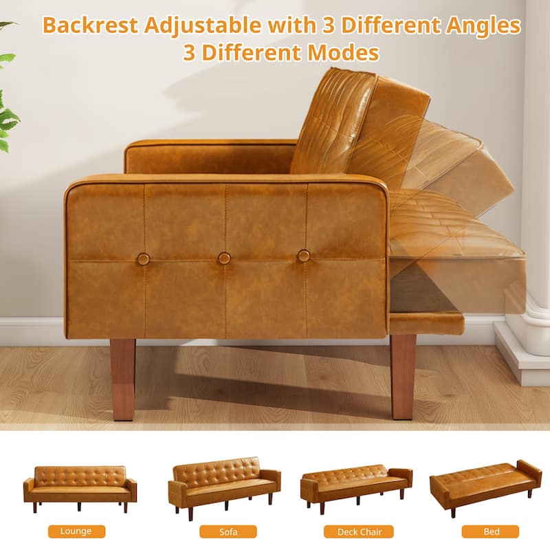 Mid-Century 74” in PU Leather Futon Sofa Bed, Button Tufted Sofa 3-Seat for Living Room Bedroom