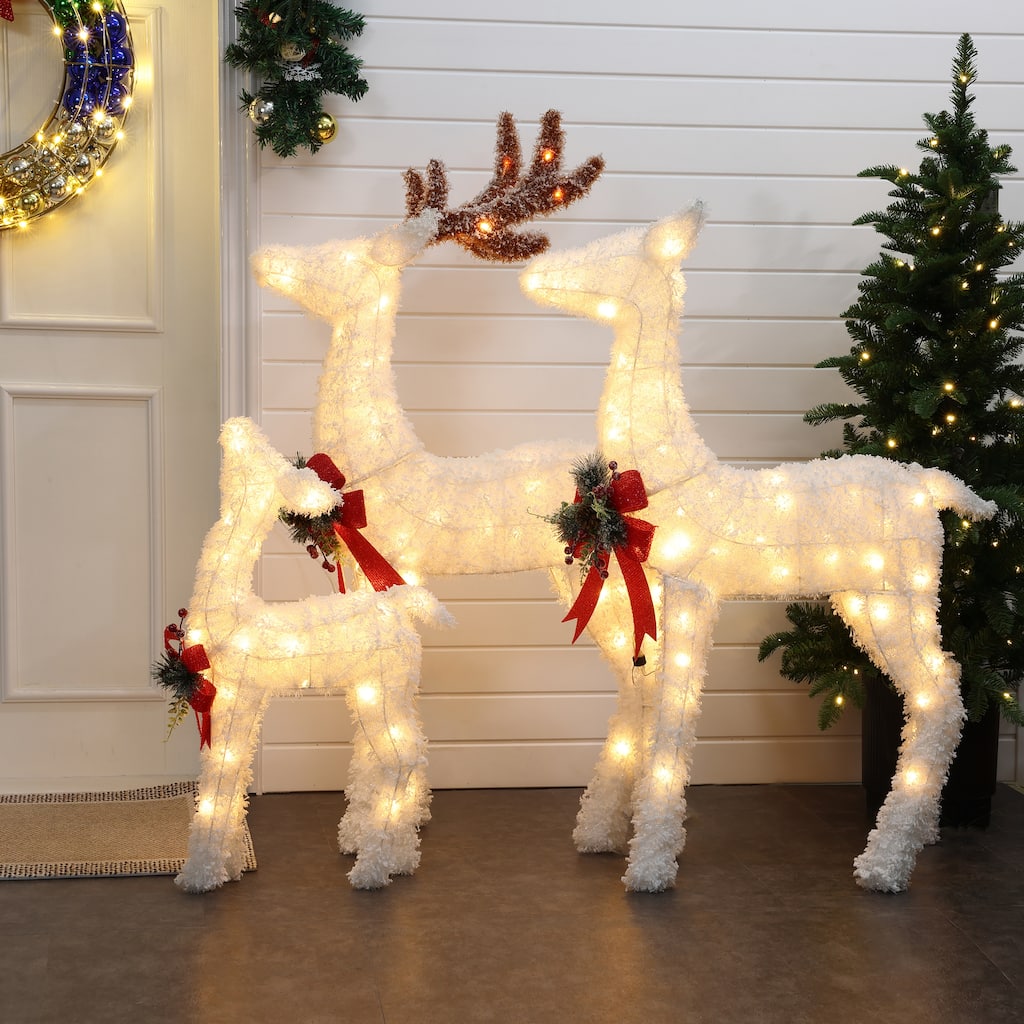 3-Piece Frosted Reindeer Set with Lights Outdoor Holiday Decoration - Green/Red/White