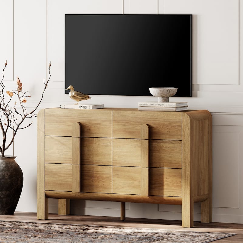 WAMPAT Modern 6 Drawer Dresser TV Stand For 55 Inch TV, Curved Entertainment Center, Wood TV Console With Storage