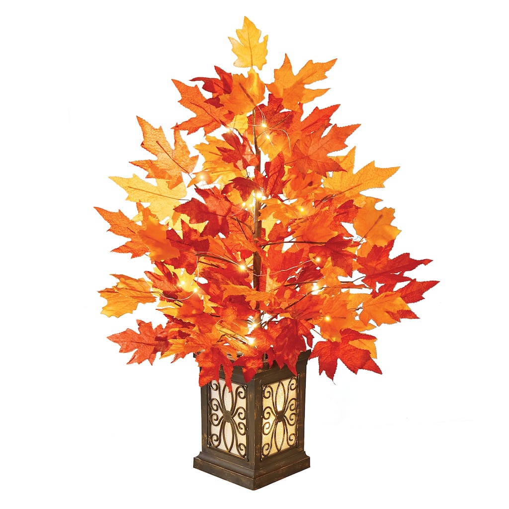 Solar LED Lighted Autumn Maple Tree with Vase - 25.500 x 7.000 x 7.000