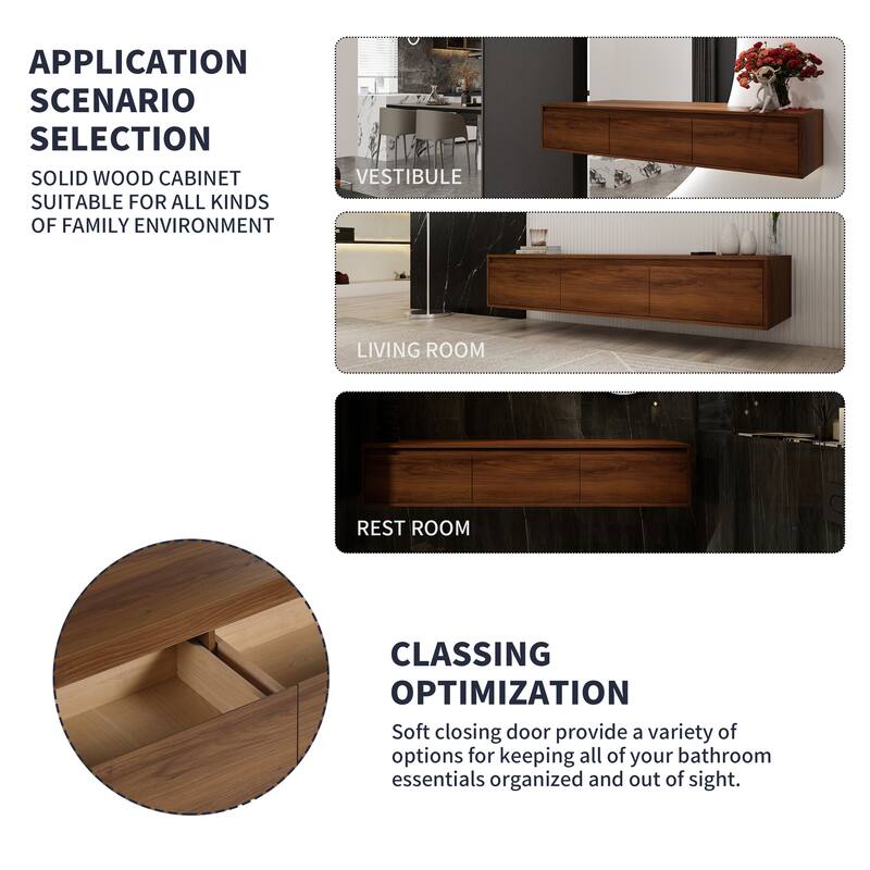 Modern 60 Inch Wall-Mounted Bathroom Vanity Base with 3 Soft-Close Drawers, Storage Cabinet without Sink