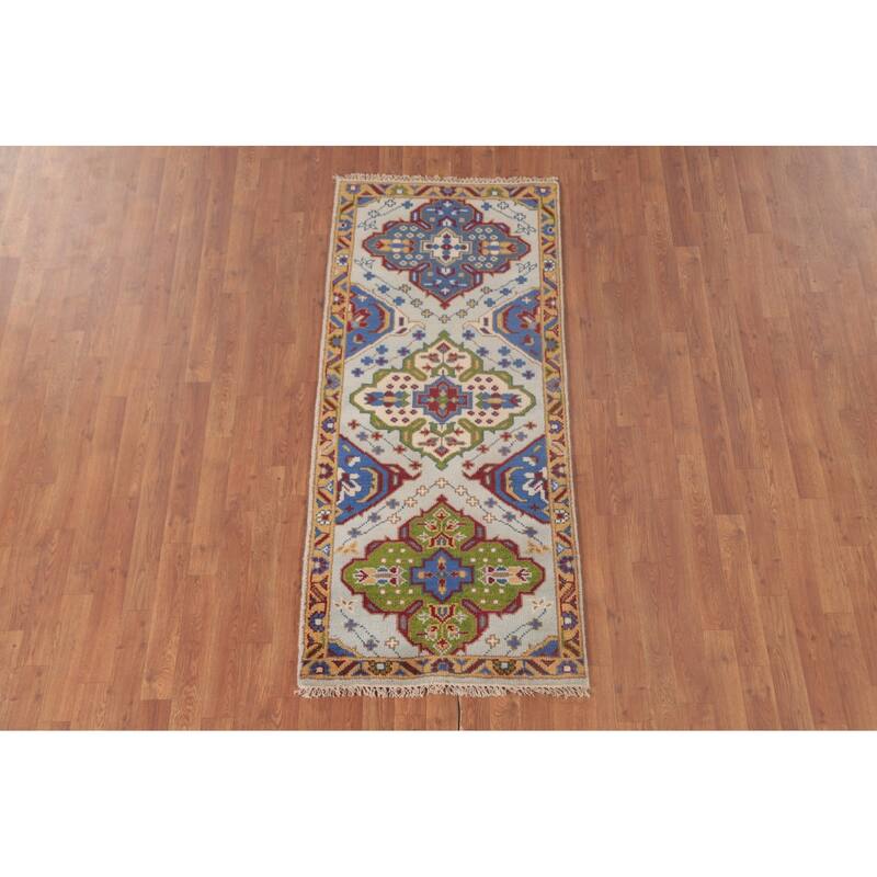 Geometric Kazak Accent Rug Handmade Oriental Blue Wool Carpet - 2'7"x 5'10"