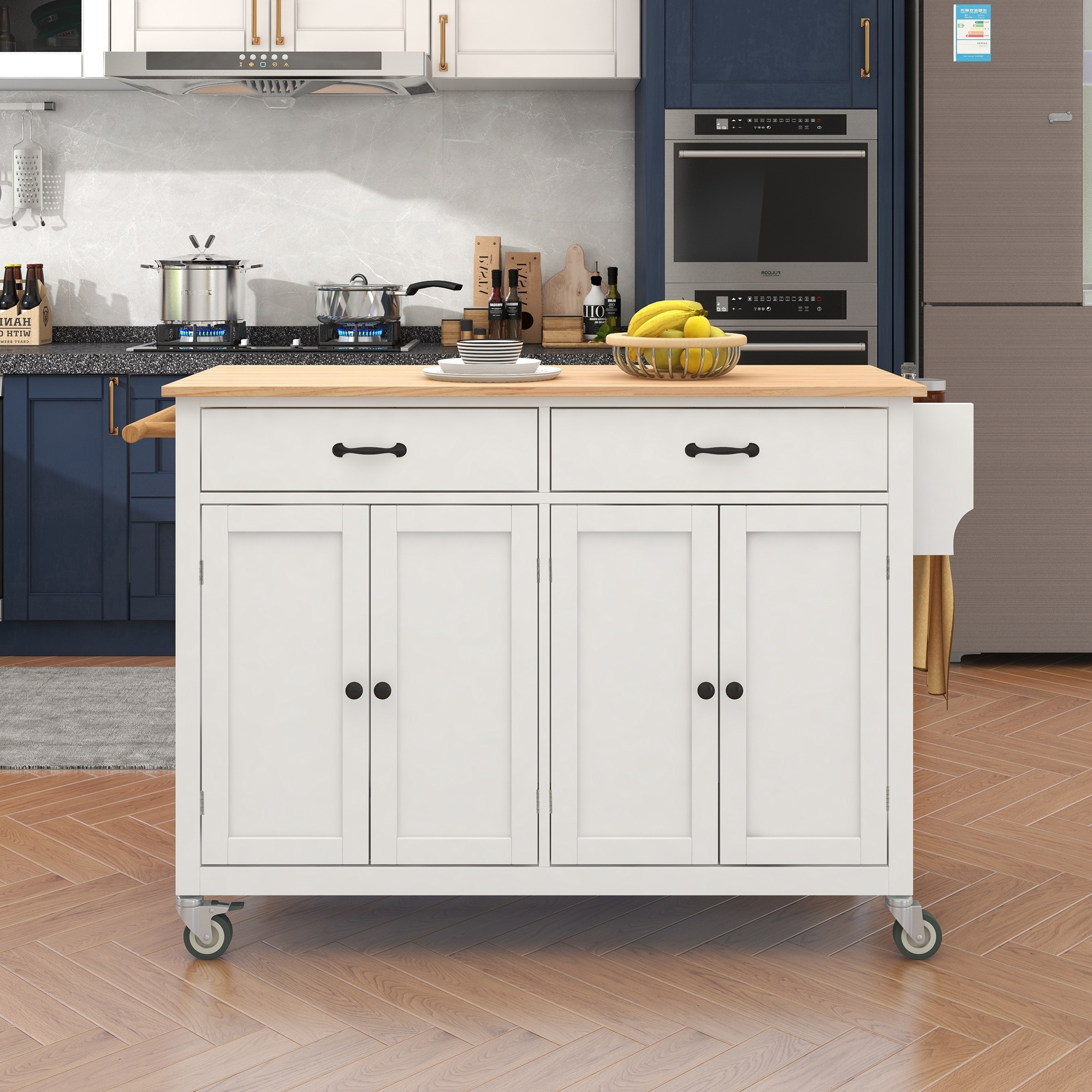 Kitchen Island Cart with Solid Wood Top, 2 Drawers and Locking Wheels