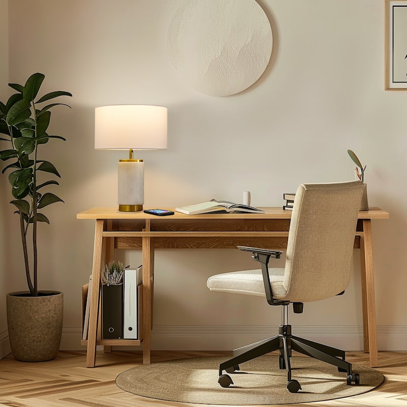 Brightech Arden 17 in. Marble Mid-Century Modern LED Table Lamp with Fabric Drum Shade and Built-In Charging Port