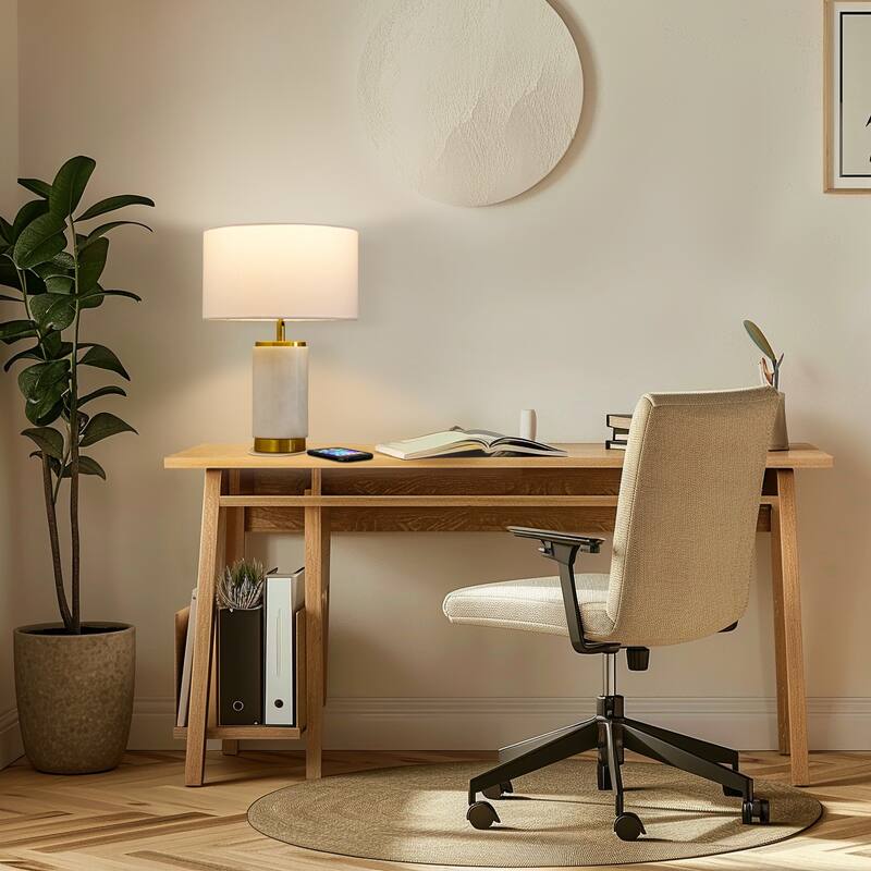 Brightech Arden 17 in. White Mid-Century Modern LED Standard Table Lamp with White Fabric Drum Shade and Built-In USB Port
