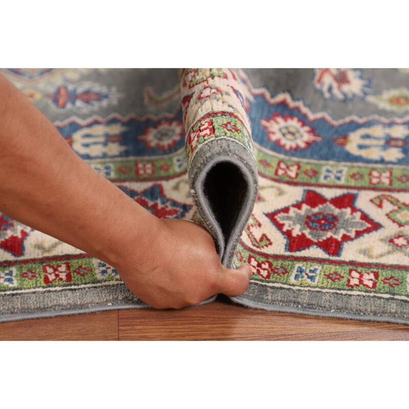 Geometric Kazak Rug Hand-Knotted Grey Wool Carpet - 4'11" x 6'9"