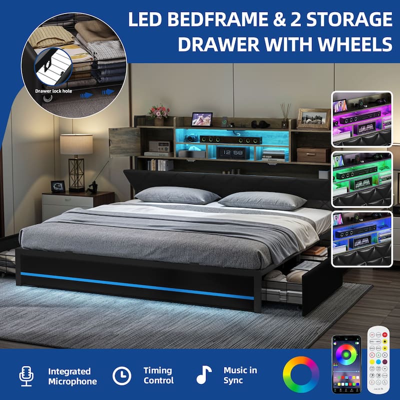 Moasis Queen / King Size Upholstered Bed Frame with Storage Bookcase Headboard & RGB LED Lights