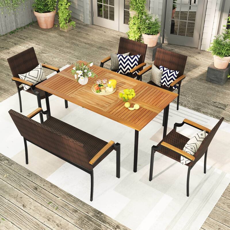 Costway 6 PCS Outdoor Dining Set with Acacia Wood Tabletop, 1.97” - See Details - Mix Brown