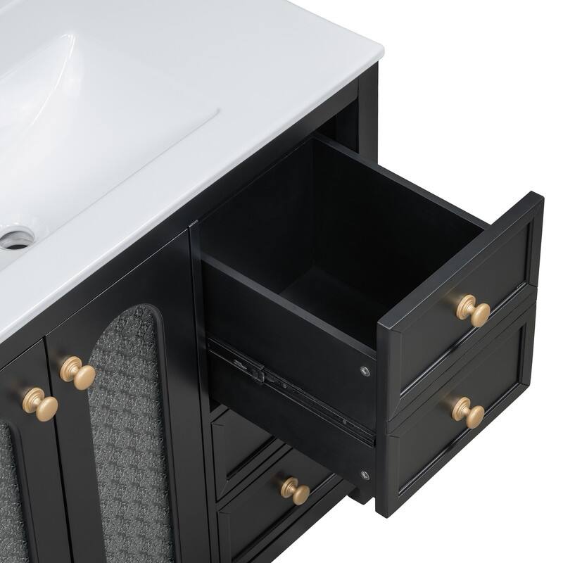 30''/36'' Bathroom Vanity with Sink, 3 Drawers Bathroom Storage Cabinet with Soft-Close Glass Door and Adjustable Shelf