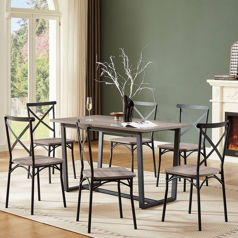 7 Piece Industrial Dining Table Set,Rectangular Table with 6 Chairs