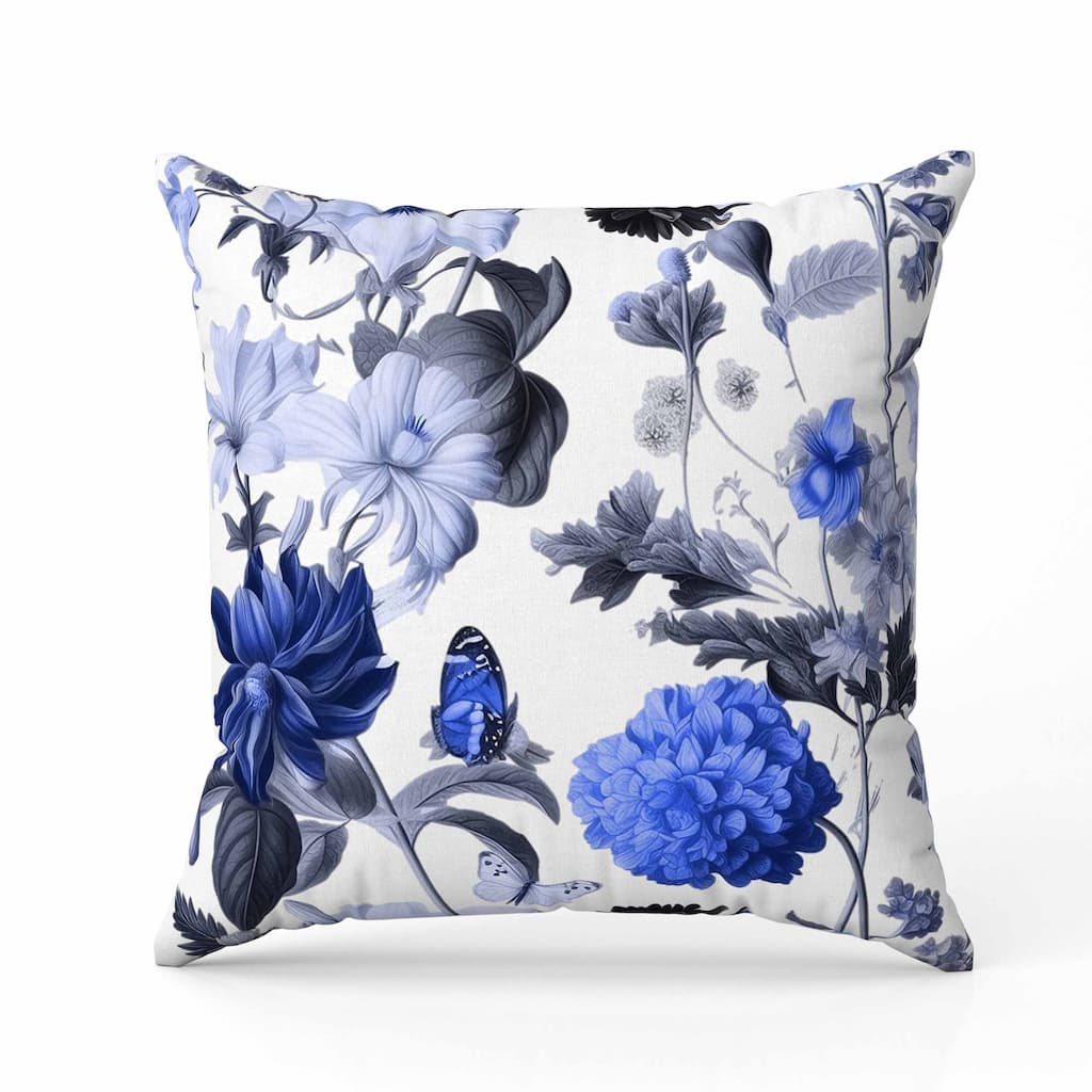 Mixed Flower Delight Indoor/Outdoor Reversible Throw Pillow White and Blue