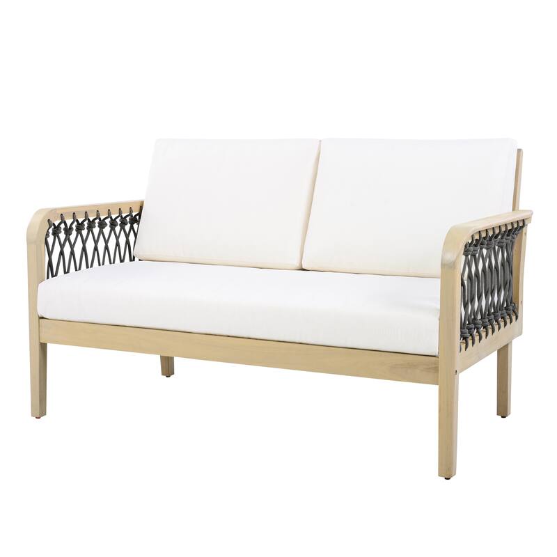 Christopher Knight Home - Outdoor 4-Piece Chat Set with Acacia Loveseat, Armchairs & Coffee Table, Handwoven Rope Accents