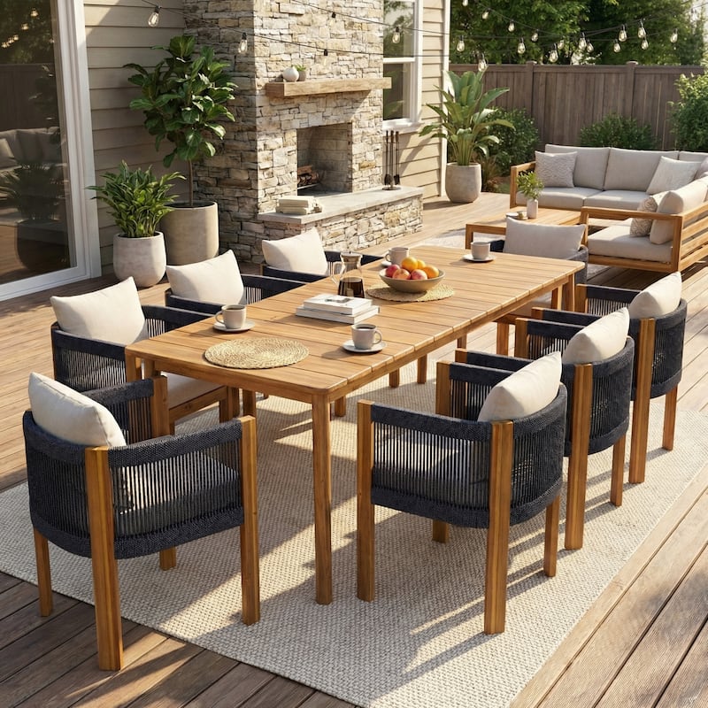 Christopher Knight Home - Aurelia Modern Acacia Wood Outdoor 9-Piece Dining Set with Woven Rope Back Chairs and Cushions - Sand Cushion+Black Rope