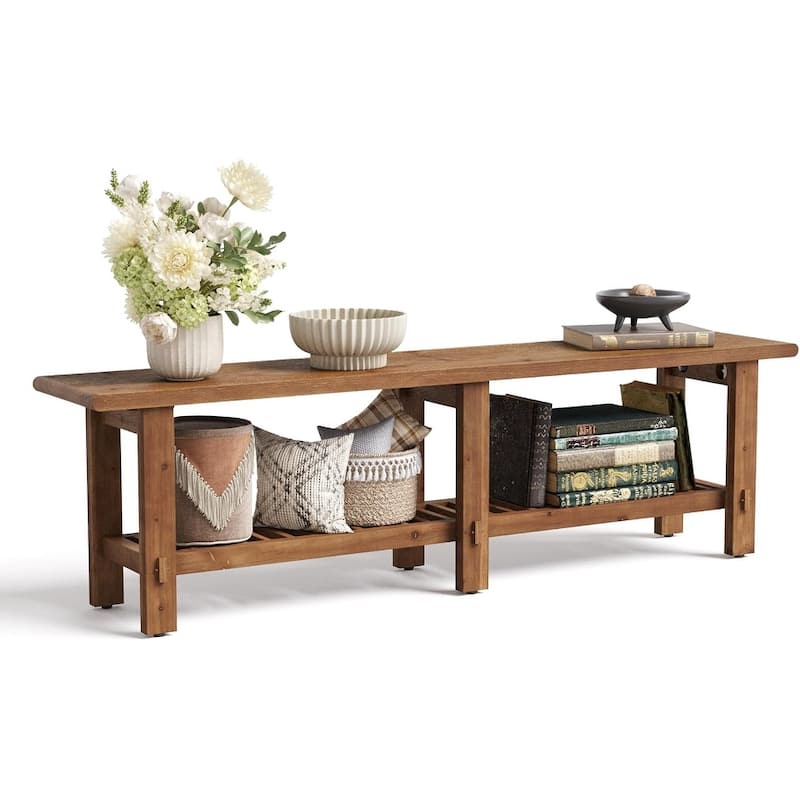 63" Solid Wood Entryway Shoe Bench, Bed End Bench with Storage Shelf