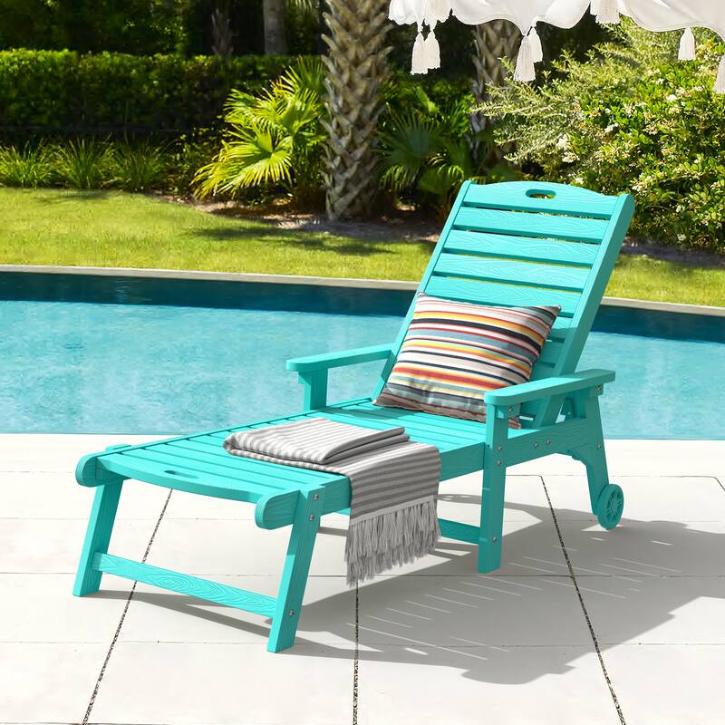 Outdoor Adjustable Wheeled Chaise Lounge Chairs with Arms for Patio, Deck, Backyard - 78.9"L x 24"W x 39.7"H - Aruba Blue