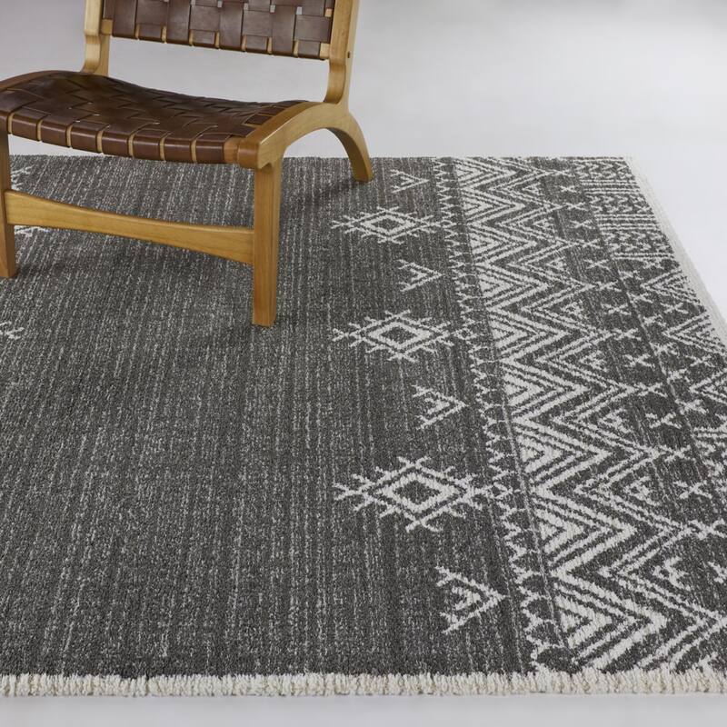 Ardennes Chevron Border Area Rug - 5'3" x 7' - Charcoal - Rectangle