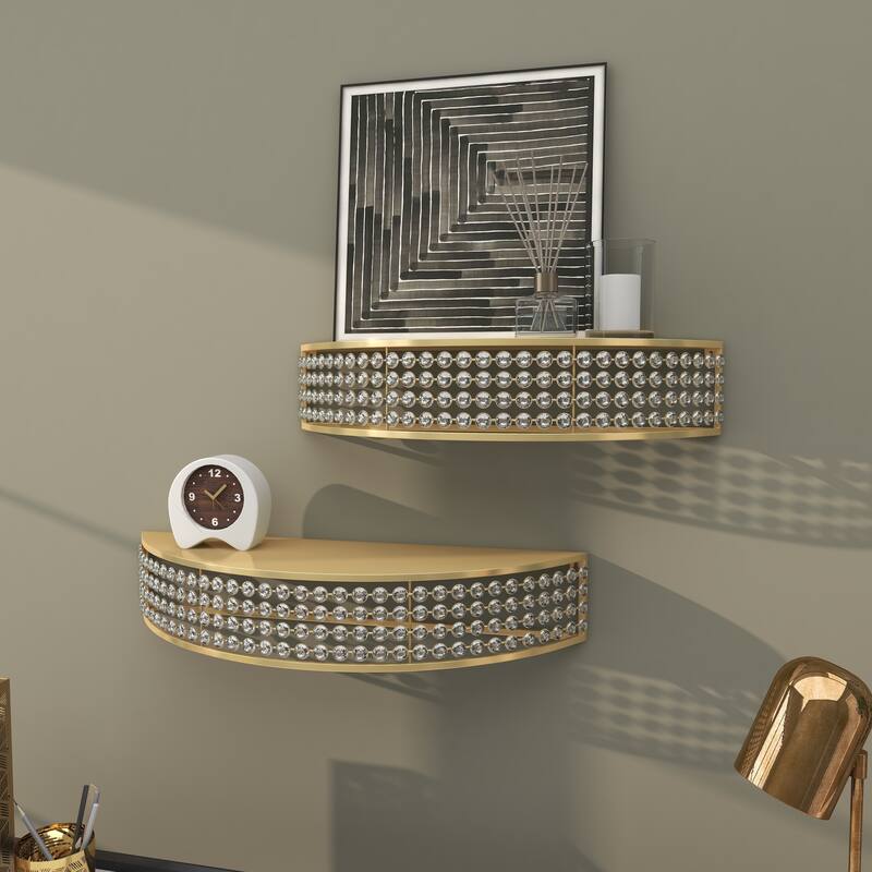 Gold Metal Half-Moon Wall Shelf with Crystal Embellishments (Set of 2)