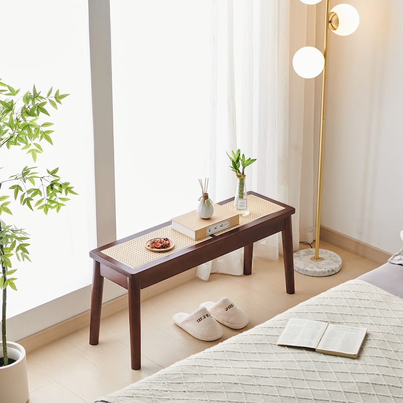 40 x 12 "Wooden Bench, Walnut Color, Hand Woven Cane Seat, Solid Wood Bench for Entrance, Living Room, Kitchen and Dining Room