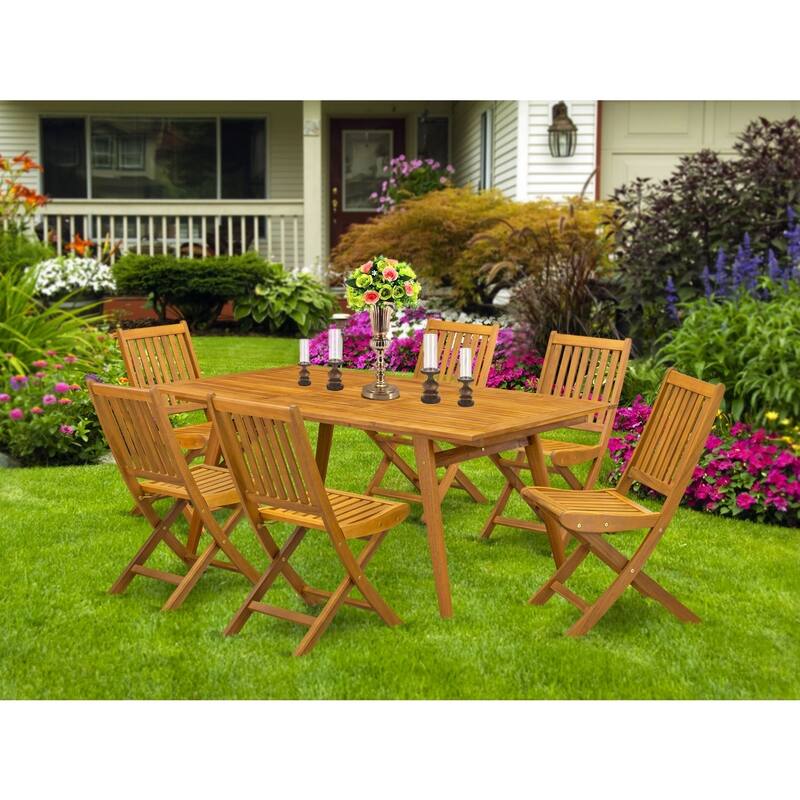 7-Piece Patio Furniture Set - Outdoor Table with 6 Folding Chairs - Natural Wood Finish - 72