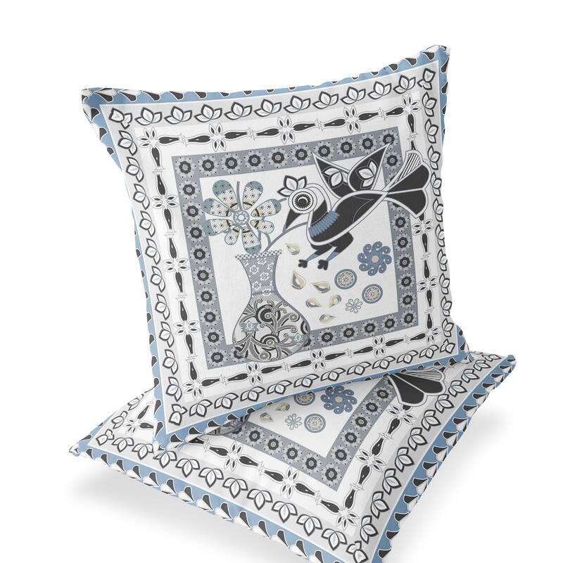 HomeRoots Set of Two 16" X 16" Black Gray and White Peacock Blown Seam Floral Indoor Outdoor Throw Pillow