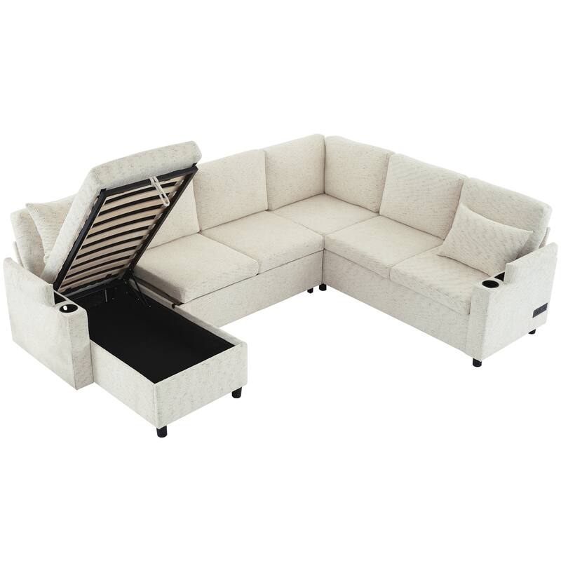 U-Shaped Chenille Sectional Sofa with Storage Chaise Lounge, Convertible Sleeper Sofa Bed with Cup Holders & Charging Ports