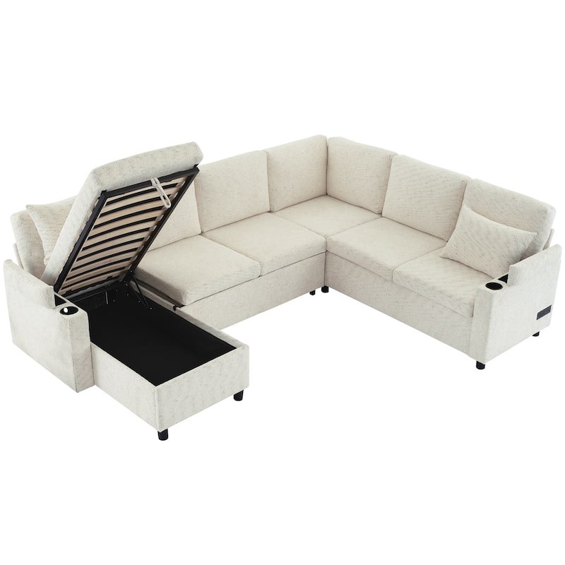 U-shaped Sofa, Chenille Sectional Sofa with 2 Cup Holders and Charging Ports Livingroom Sleeper Recliner Sofa Couch