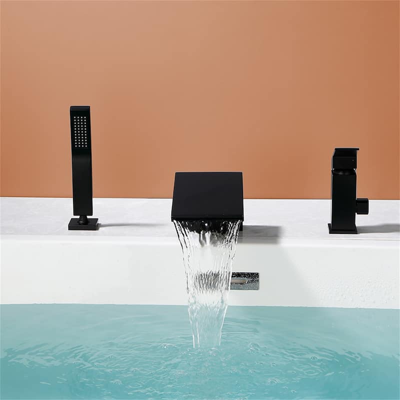Waterfall Deck Mount Tub Faucet with Hand Shower Brass 3 Holes Modern Matte Black Tub Filler with Valve