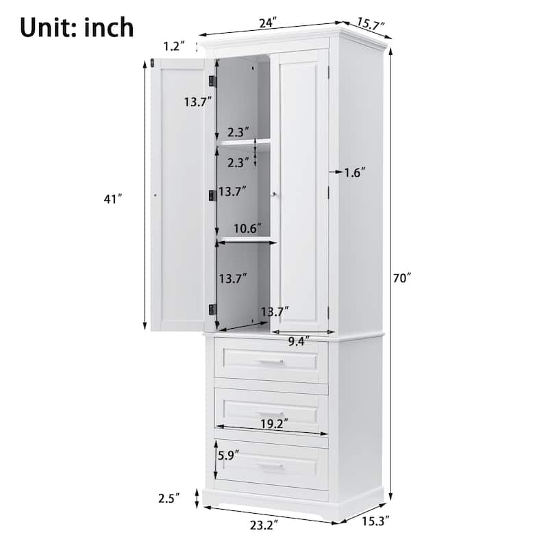 Double Door Bathroom Storage Cabinet Tall Bathroom Storage Cabinet with 3 Drawers Moisture-Resistant Cabinet