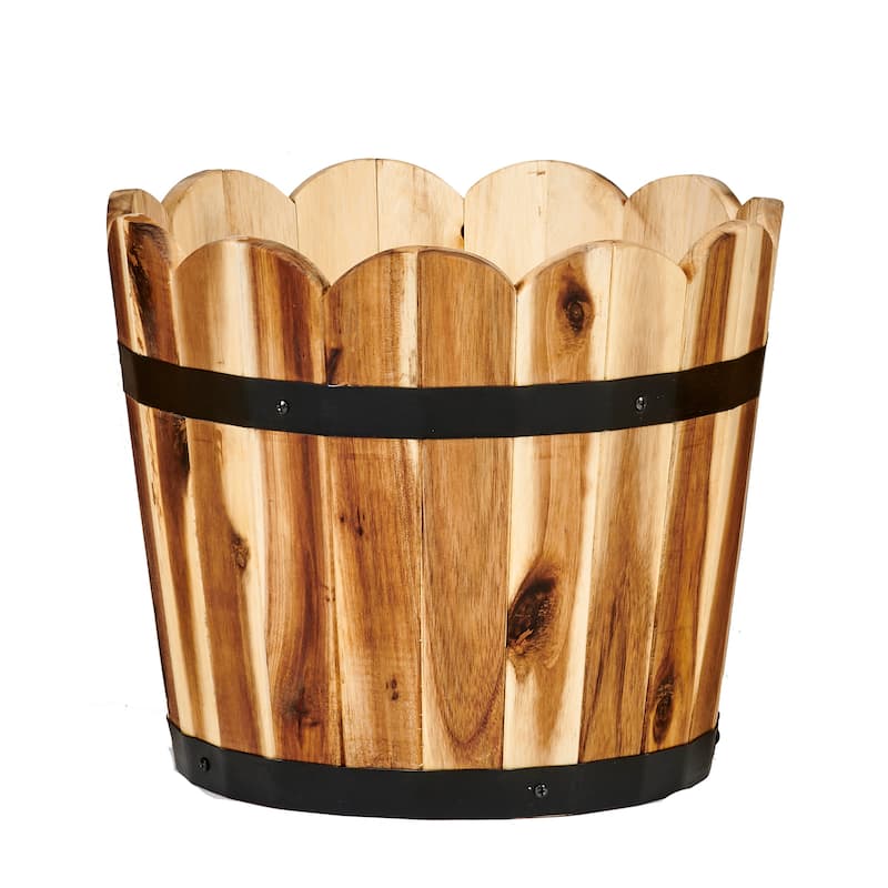 11" Scallopped Acacia Wood Barrel Planter - 11