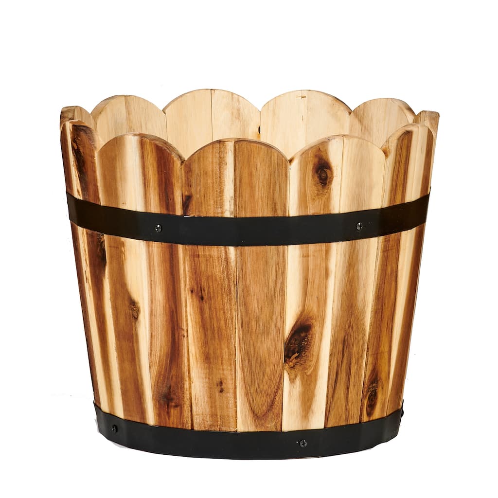 11" Scallopped Acacia Wood Barrel Planter - 11