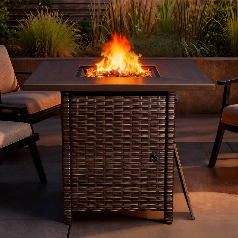 30 in. Square Brown Wicker and Metal Propane Gas Outdoor Fire Pit Table with Lava Rocks, 50000 BTU